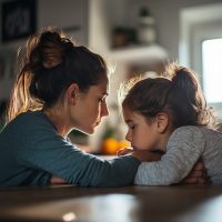 Parent comforting child at kitchen table